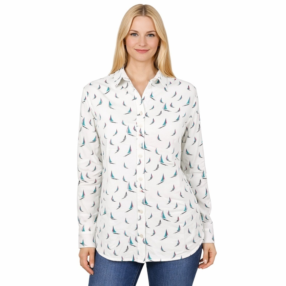 Saint James Sail Boat Print Button Shirt Linen Blend Long Sleeves Size US 8 / 40